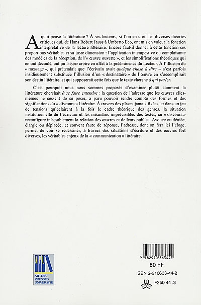 Éloge de l'adresse : actes du Colloque de l'Université d'Artois, 02-03 avril 1998