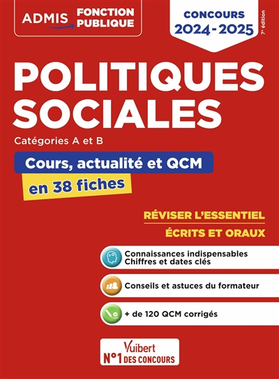 Politiques sociales : catégories A et B : cours, actualité et QCM en 38 fiches, concours 2024-2025