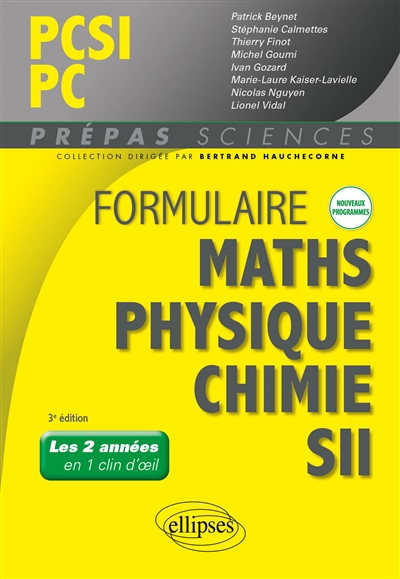 Formulaire PCSI, PC mathématiques, physique, chimie, SII